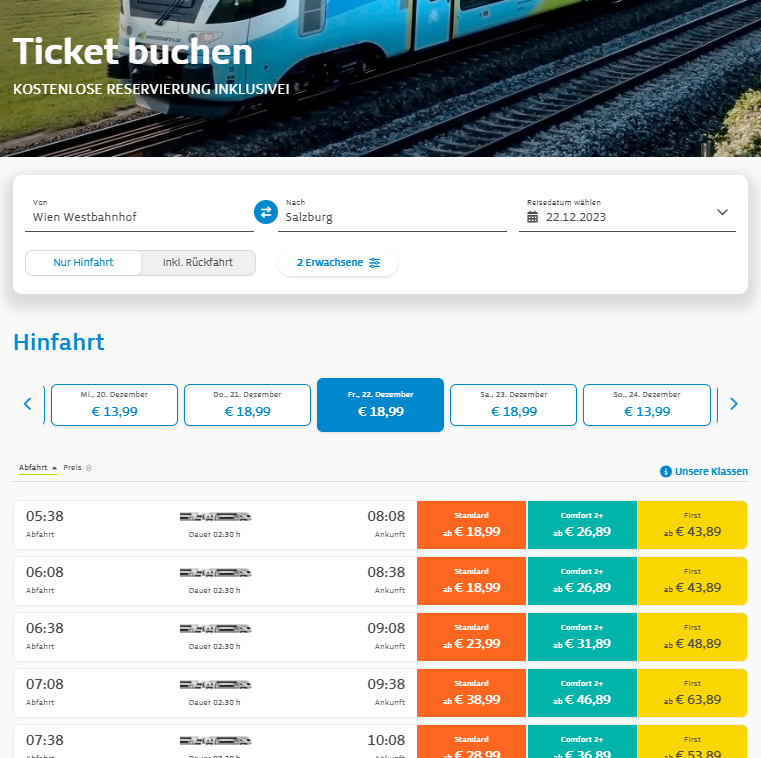 Tarifvergleich noch einfach auf der neuen Westbahn-Website 