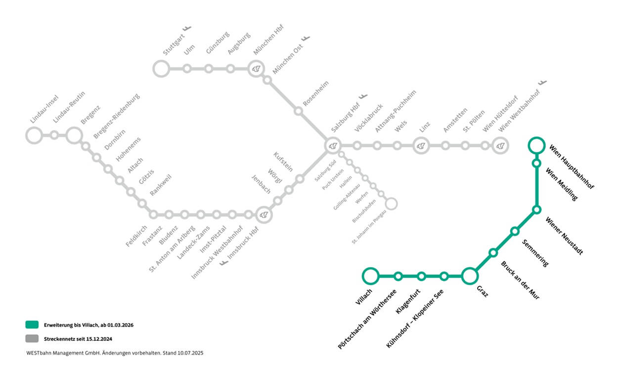 WESTbahn Streckennetz – Süd